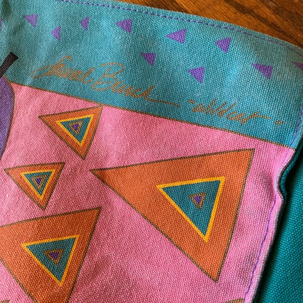 Laurel Burch Cat Canvas Tote Bag Purple Teal Pink Geometric Art Zipper Shoulder